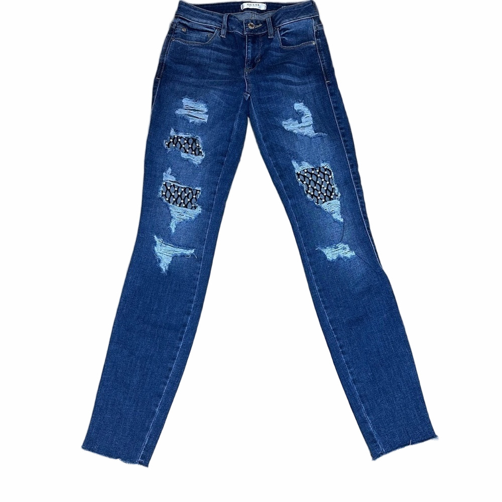 GUESS ‘Sexy Curve’ Embellished Distressed Pearl Jeans Size 24